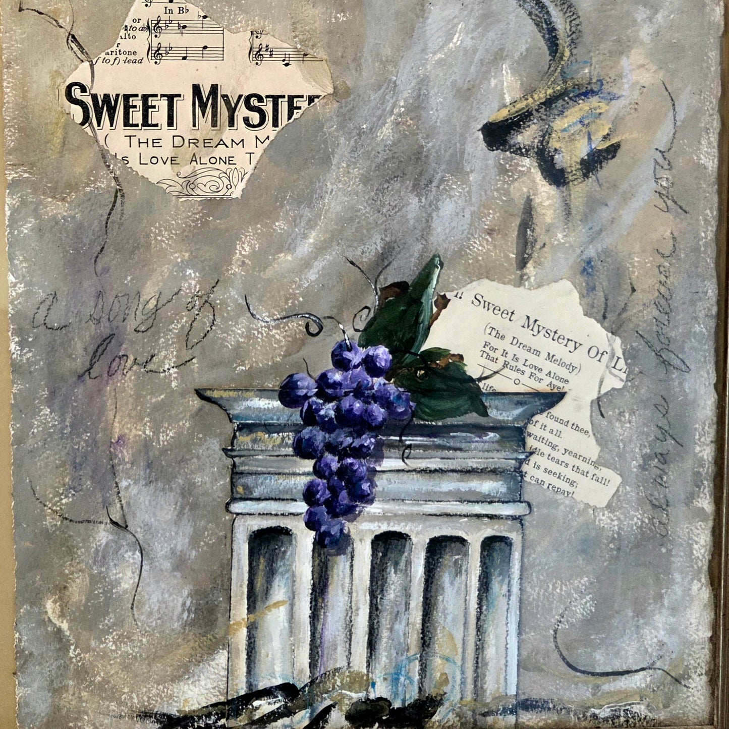 Original Abstract Collage Mixed Media Painting Vino Grapes Music Sheet Wall Art