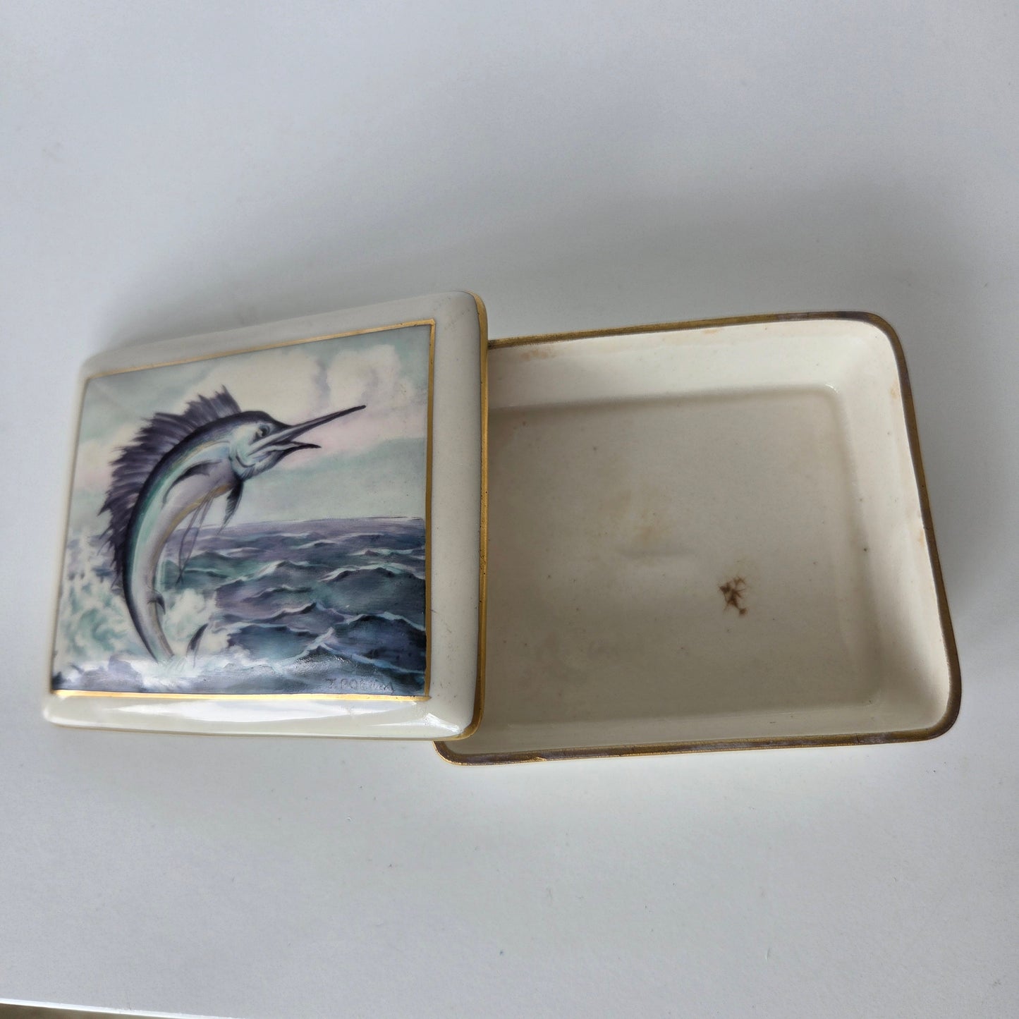 J.Boehm Porcelin Trinket Box Swordfish Sailfish Marlin Ocean Gold Trim Ceramic