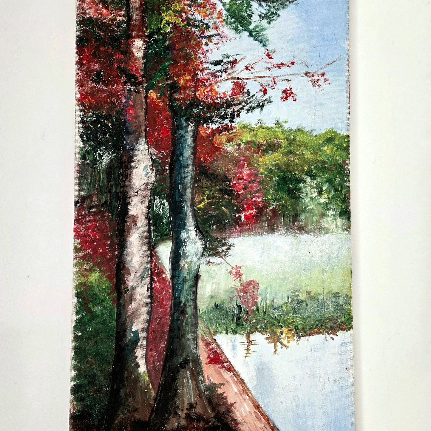 Original Autumn Trees Landscape Painting Fall Lake Nature Scene Canvas Wall Art