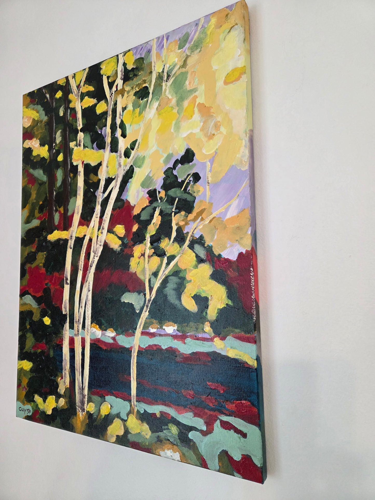 Original Forest Landscape Painting Birch Trees River Nature Acrylic Canvas Art