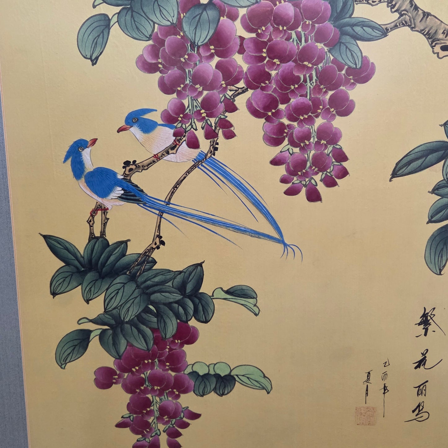 Japanese Original Painting On Silk Signed Long Tail Blue Birds Blooming Wisteria