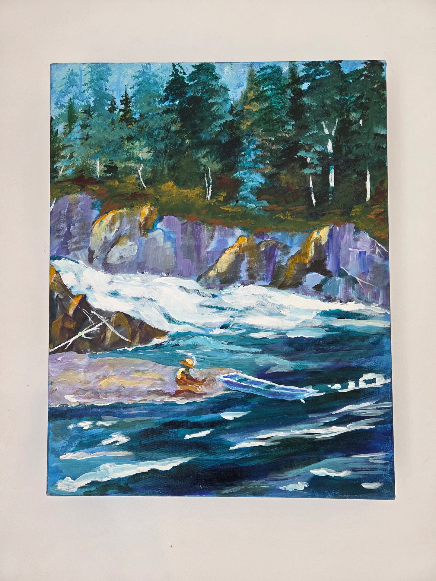 Original River Landscape Painting – Forest Waterfall Kayak Scene – Nature Acrylic Canvas Wall Art