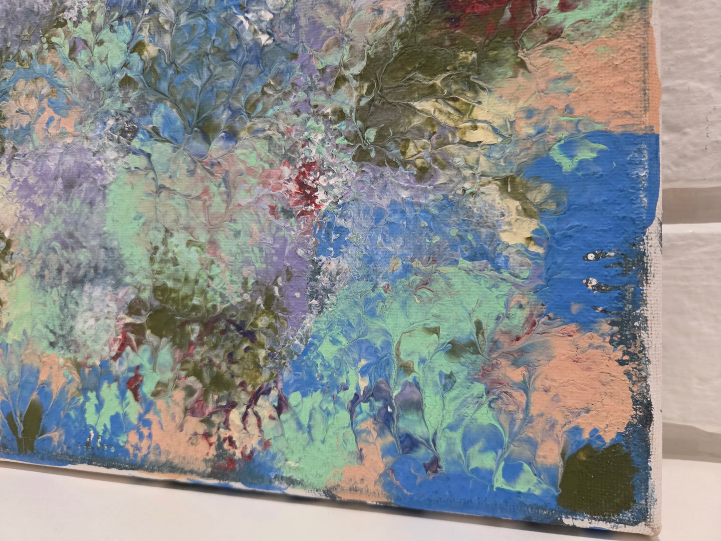 Abstract Blot Floral Art Original Painting On Canvas Signed Blue & Green Artwork