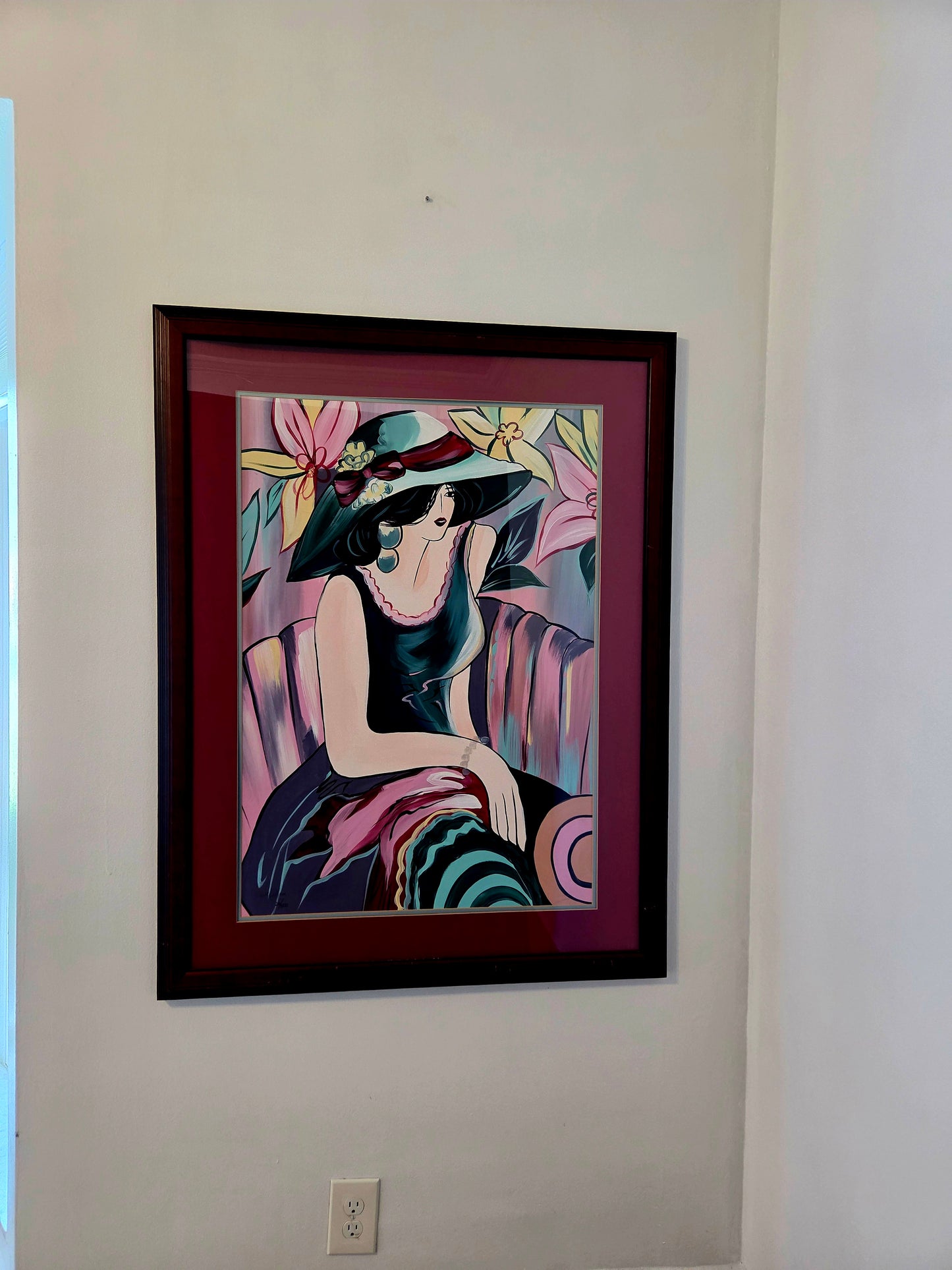 Original Acrylic Painting Elegant Woman in Floral Hat Portrait Fashion Wall Art