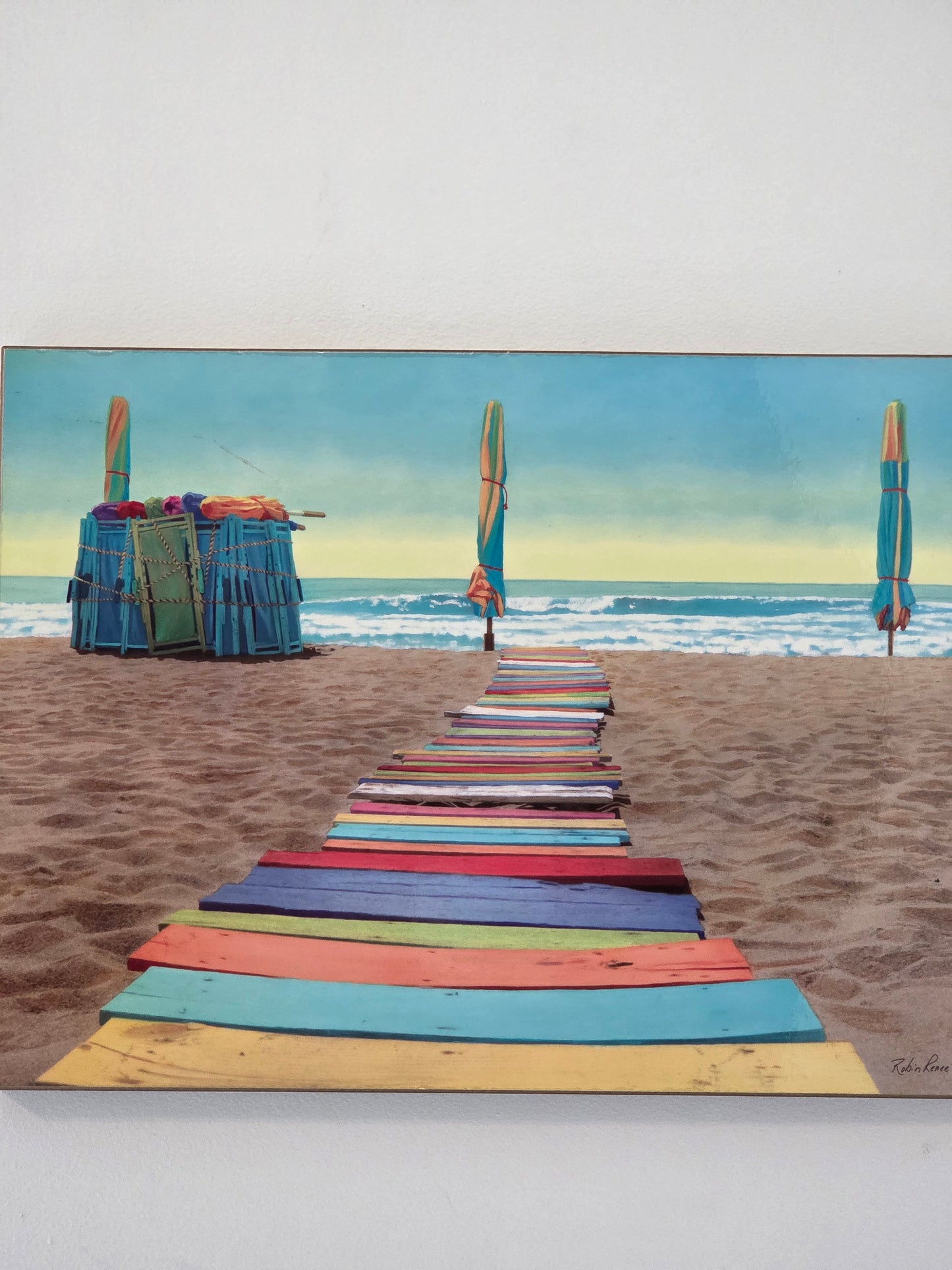 Coastal Beach Color Boardwalk Ocean Print Poster Art on Wood Wall Decor 23x17.5