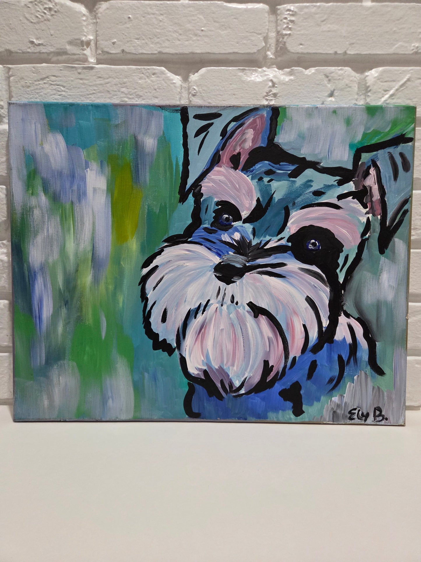 Original Schnauzer Dog Pop Art Painting On Canvas Signed Pet Portrait Home Decor