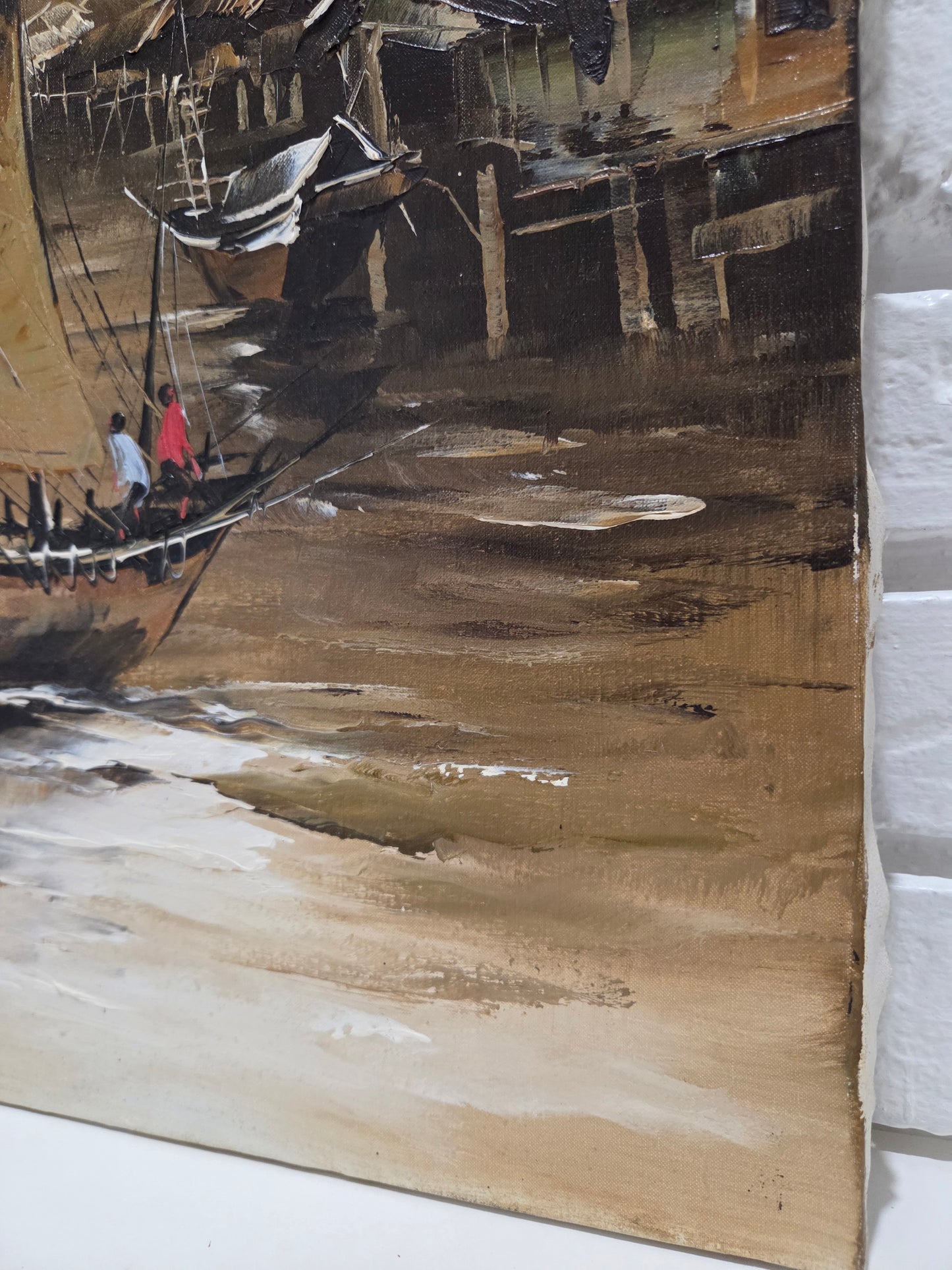 Asian Sailing Fishing Boat Ship Harbor Original Painting Canvas Signed Art Decor