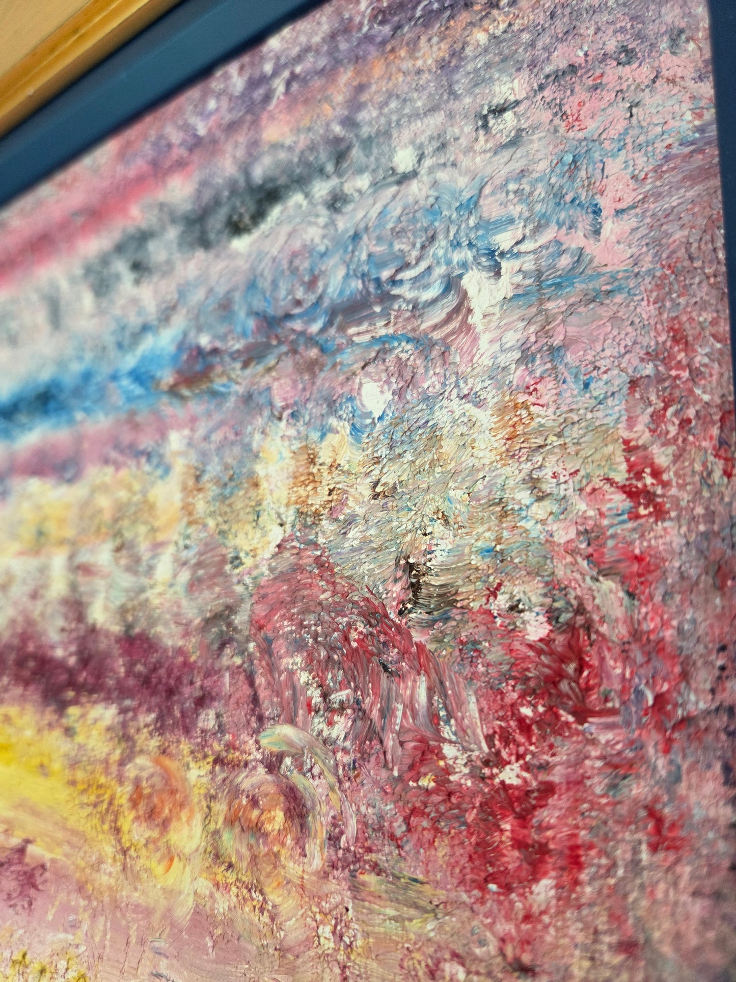 Original Abstract Landscape Oil Painting - Textured Sunset Wall Art - Vibrant Pink and Blue Impressionist Decor - Framed Impasto Nature Art