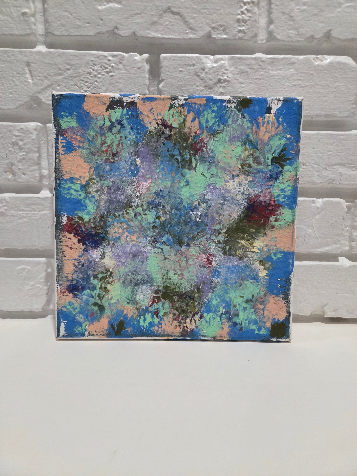 Abstract Blot Floral Art Original Painting On Canvas Signed Blue & Green Artwork