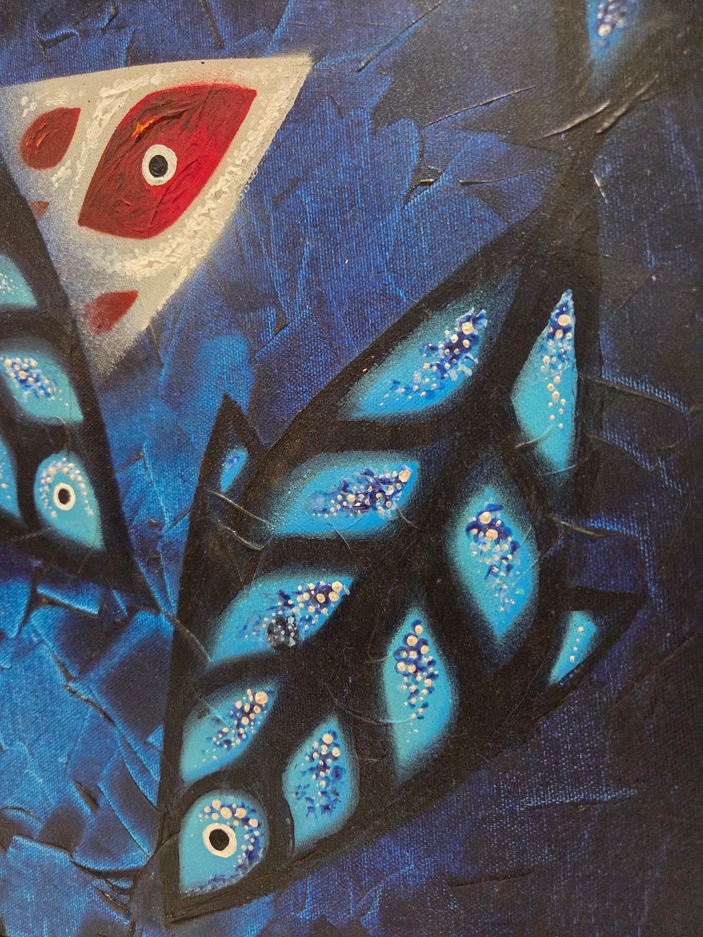 Original Painting Abstract Fish Blue Marine Ocean Mid Century Modern Art Signed