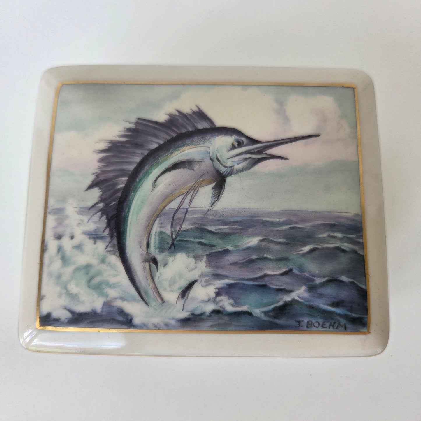 J.Boehm Porcelin Trinket Box Swordfish Sailfish Marlin Ocean Gold Trim Ceramic