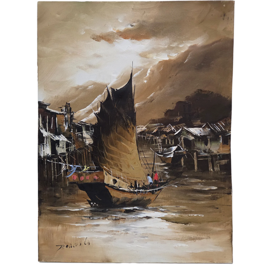 Asian Sailing Fishing Boat Ship Harbor Original Painting Canvas Signed Art Decor