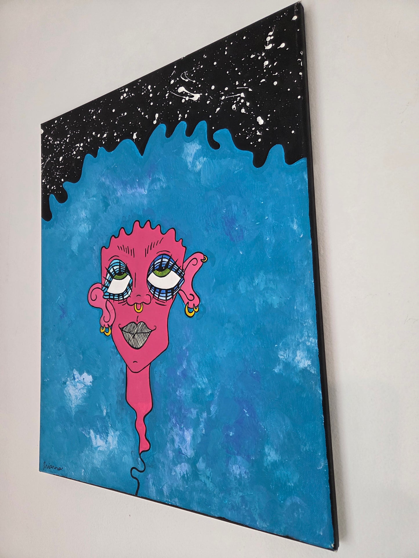 Original Hand-painted Vibrant Pop Art Blue Hair Pink Face girl on canvas Artwork