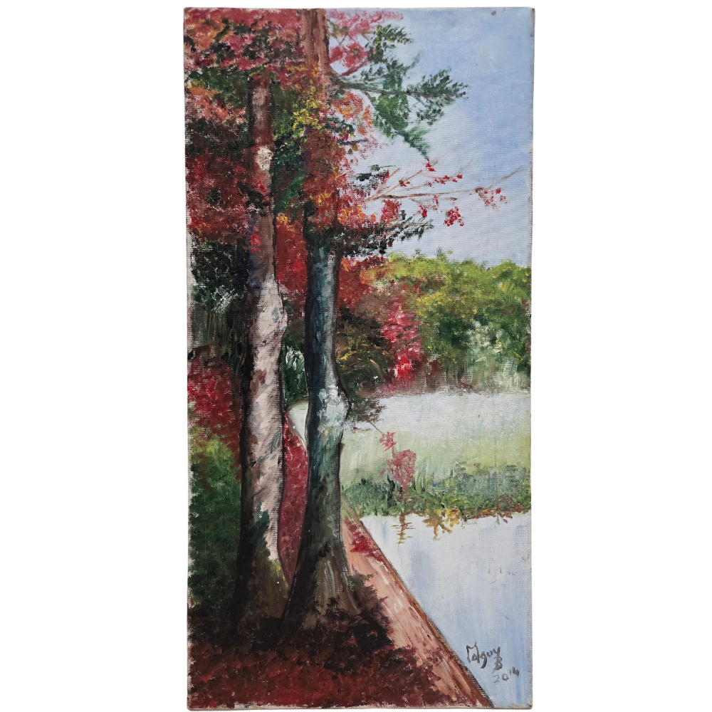Original Landscape Painting On Canvas Autumn Forest Trees Lake Nature Art Signed