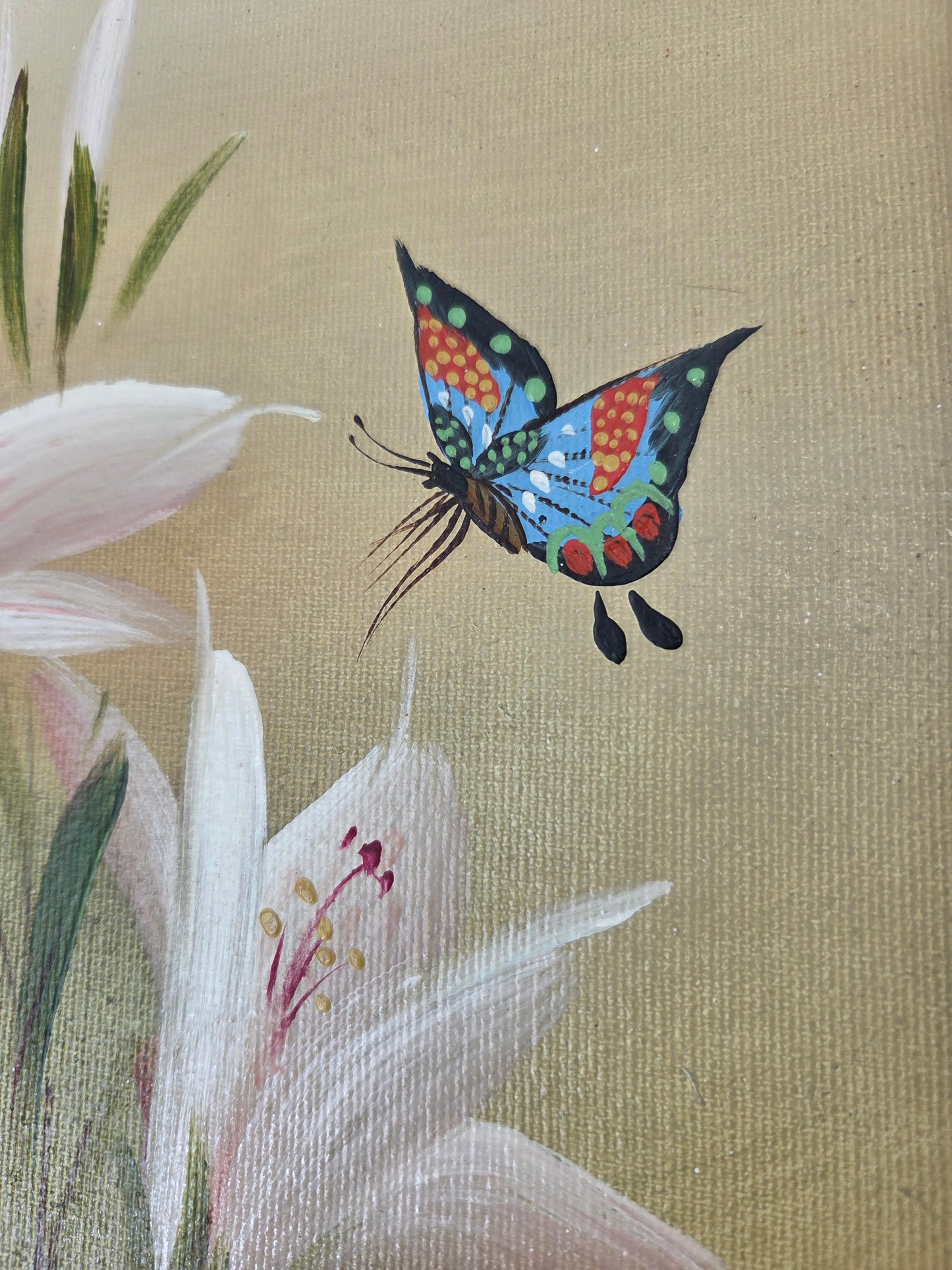 Original Framed Floral Oil Painting: Pink Lilies, Daisies, Butterflies Art Decor