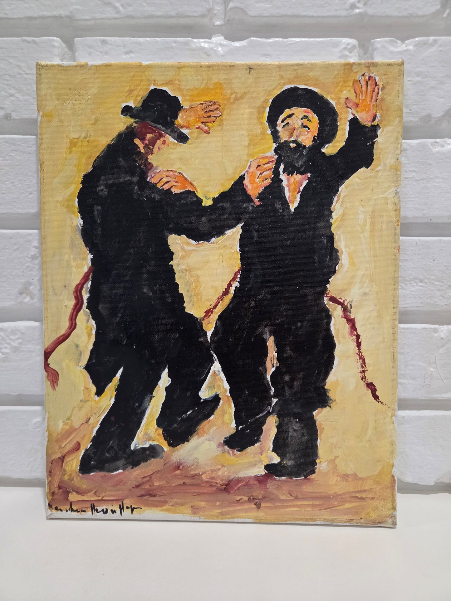 Original Acrylic Painting Canvas Judaica Artwork Hasidic Men Dancing Art Signed