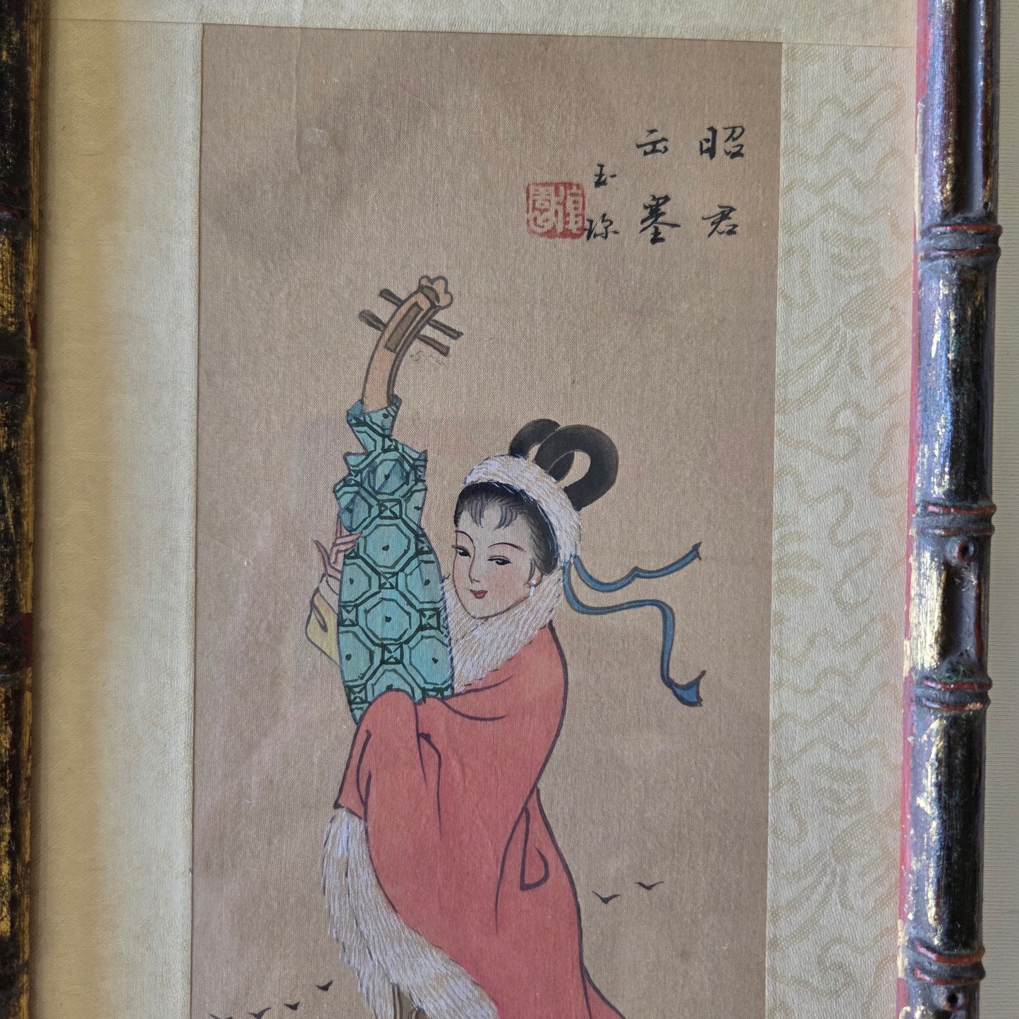 Japanese Art Geisha Girl Color Painting On Silk Signed Original Oriental Tapestry