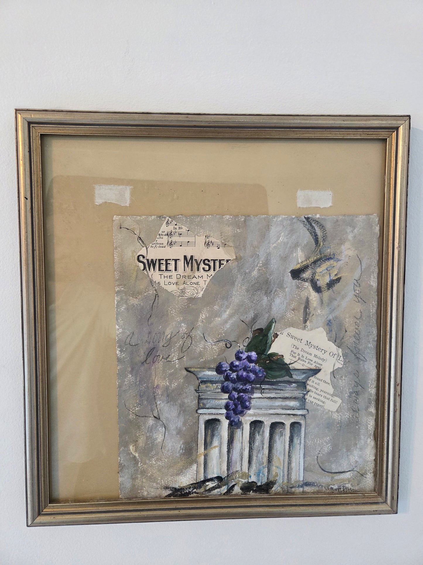 Original Abstract Collage Mixed Media Painting Vino Grapes Music Sheet Wall Art