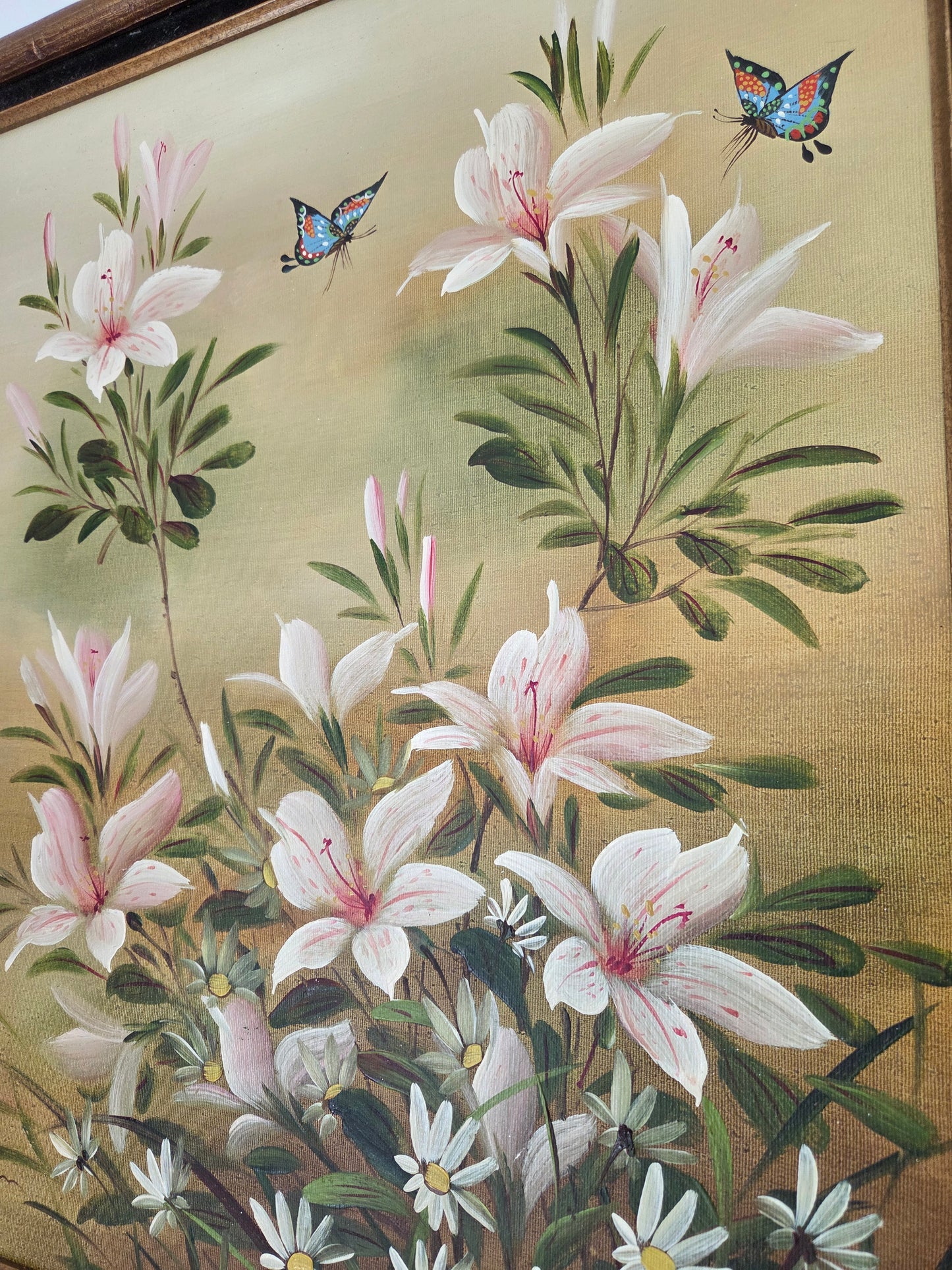 Original Framed Floral Oil Painting: Pink Lilies, Daisies, Butterflies Art Decor