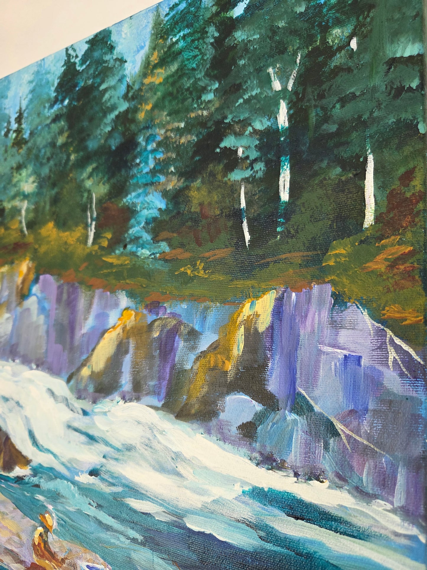 Original River Landscape Painting – Forest Waterfall Kayak Scene – Nature Acrylic Canvas Wall Art