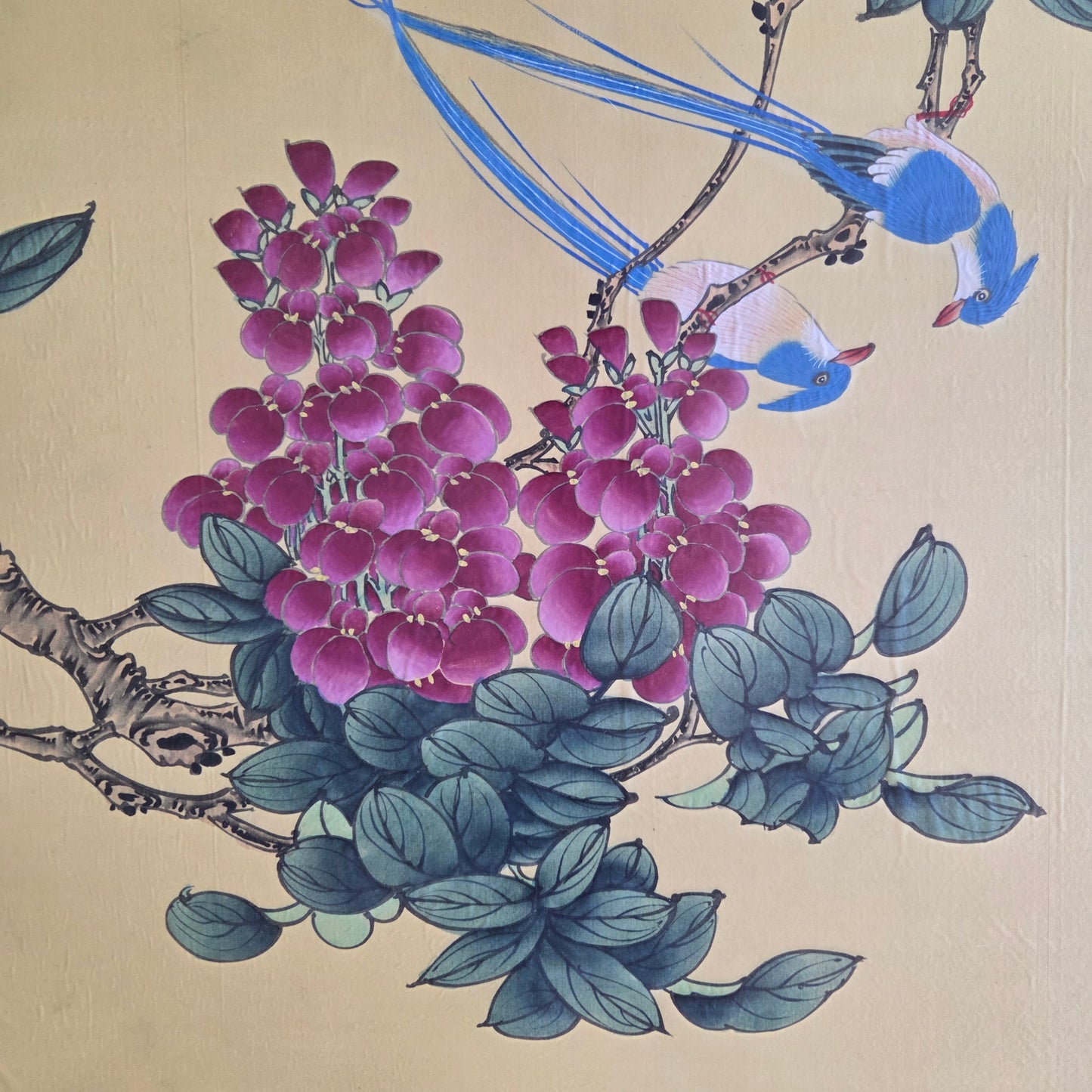 Japanese Original Painting On Silk Signed Long Tail Blue Birds Blooming Wisteria