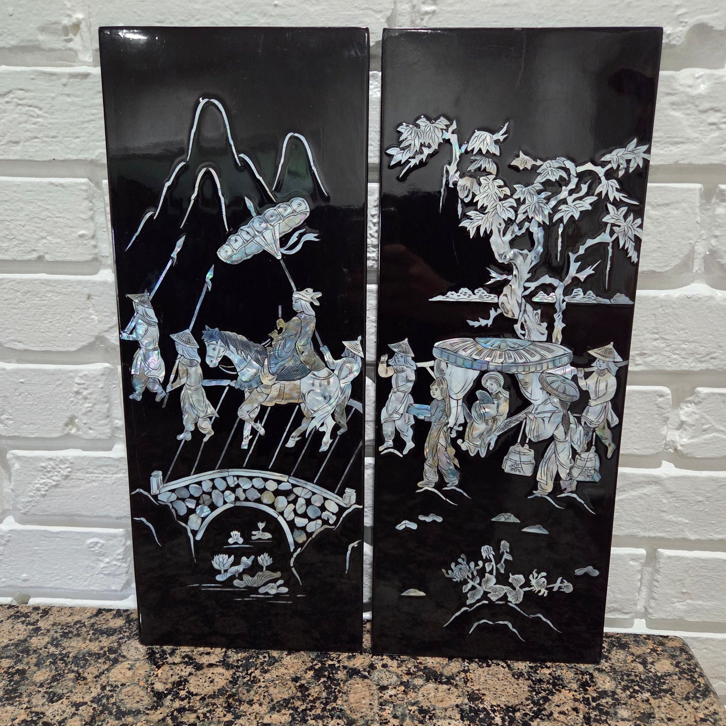 Asian Inlayed Mother Of Pearl On Black Laquer Wood Panel Horse Wall Decor 2p Set