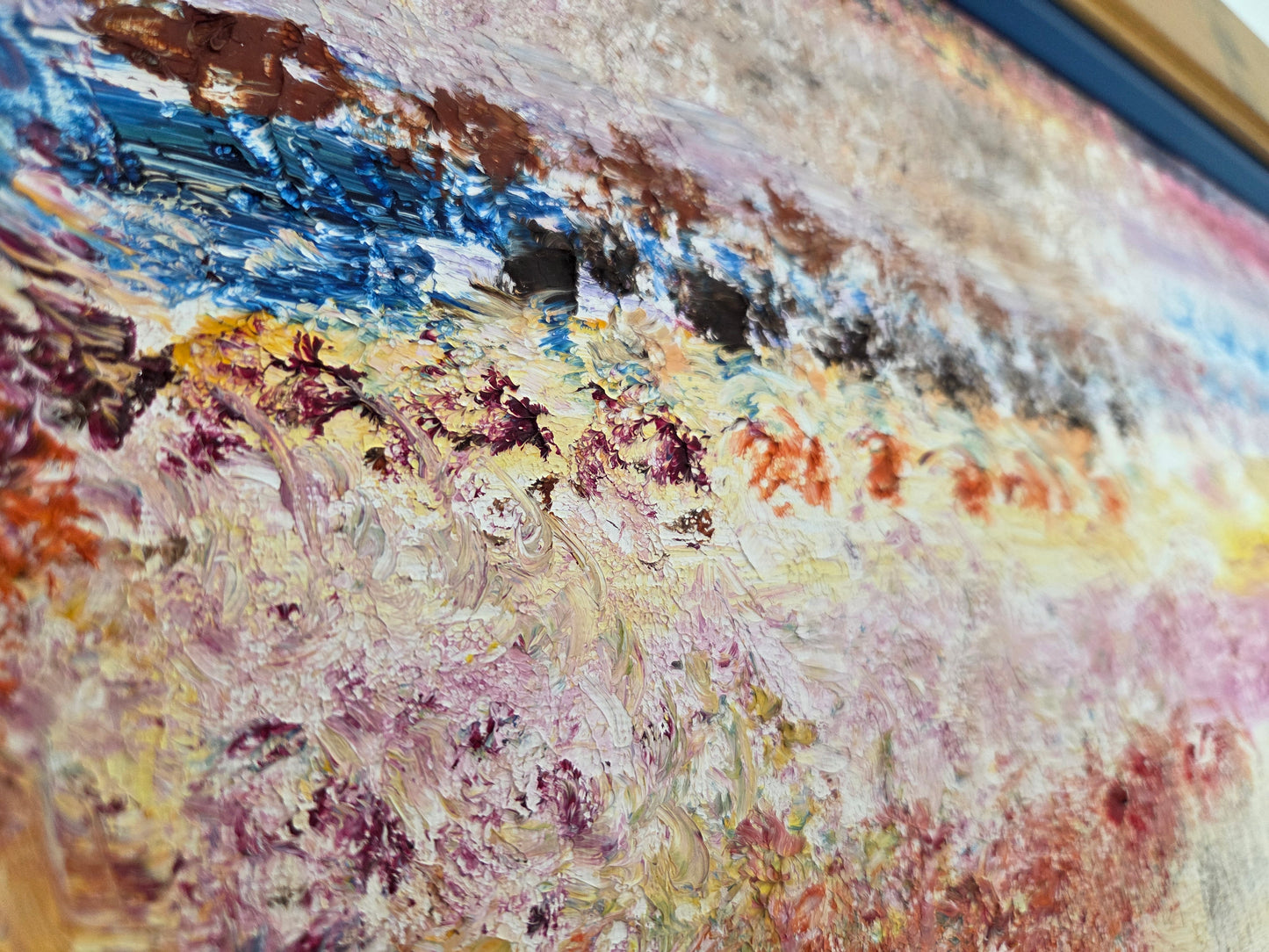 Original Abstract Landscape Oil Painting - Textured Sunset Wall Art - Vibrant Pink and Blue Impressionist Decor - Framed Impasto Nature Art