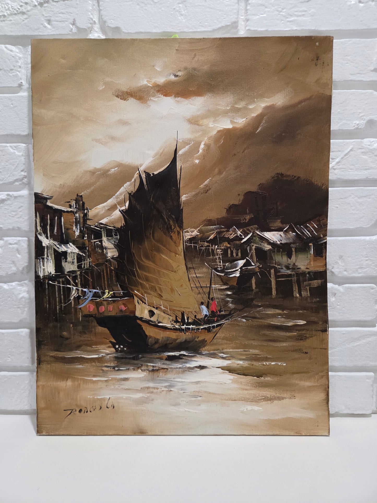 Asian Sailing Fishing Boat Ship Harbor Original Painting Canvas Signed Art Decor