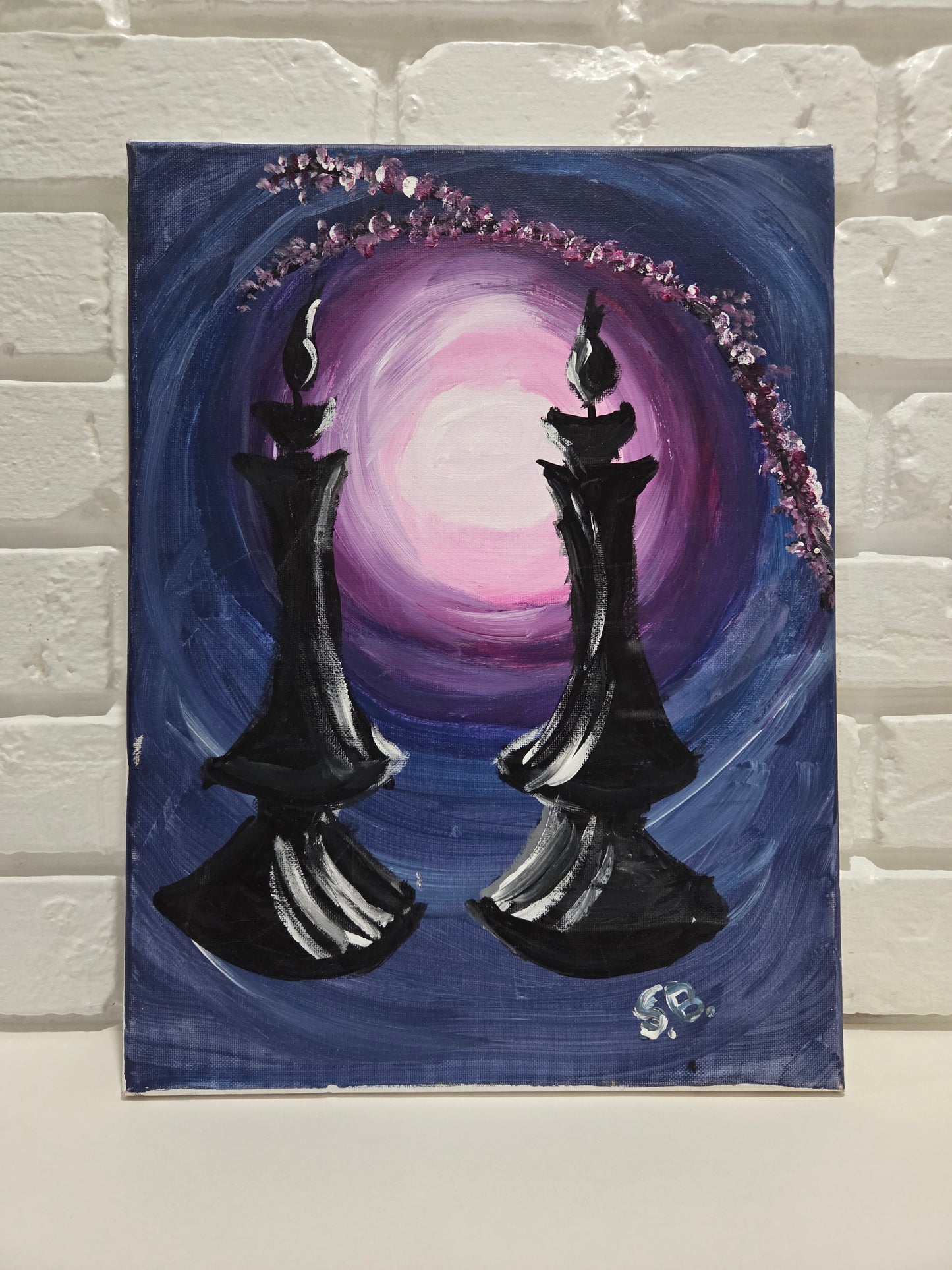 Original Acrylic Painting On Canvas Signed SB Artwork Chess Pawn Candle Moon Art