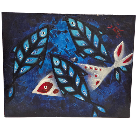 Original Painting Abstract Fish Blue Marine Ocean Mid Century Modern Art Signed