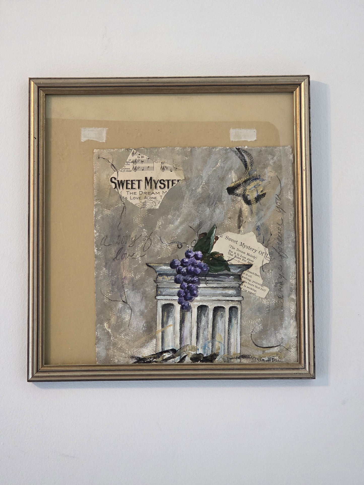 Original Abstract Collage Mixed Media Painting Vino Grapes Music Sheet Wall Art