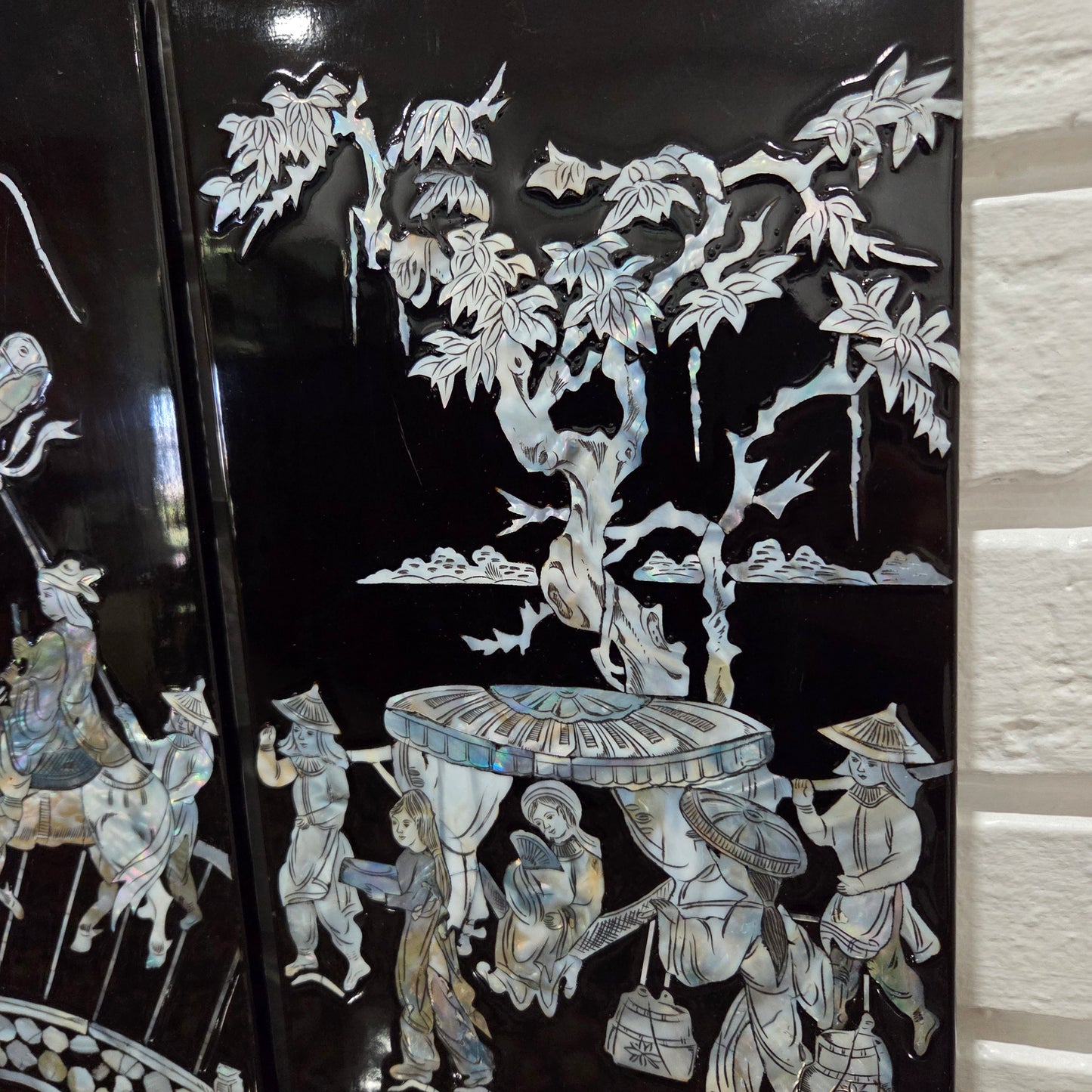 Asian Inlayed Mother Of Pearl On Black Laquer Wood Panel Horse Wall Decor 2p Set