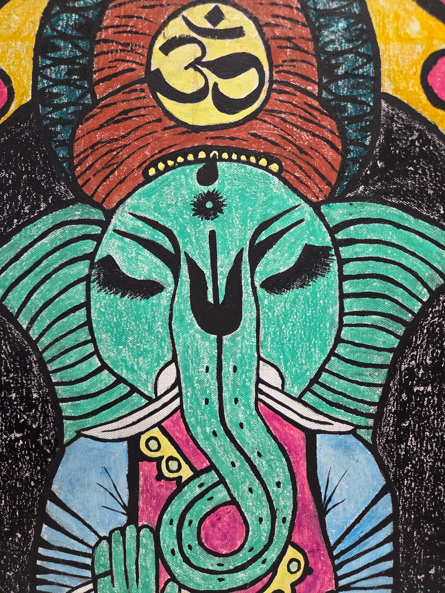 Hindu Ganesha Original Painting Elephant Lotus Meditation Spiritual Wall Artwork