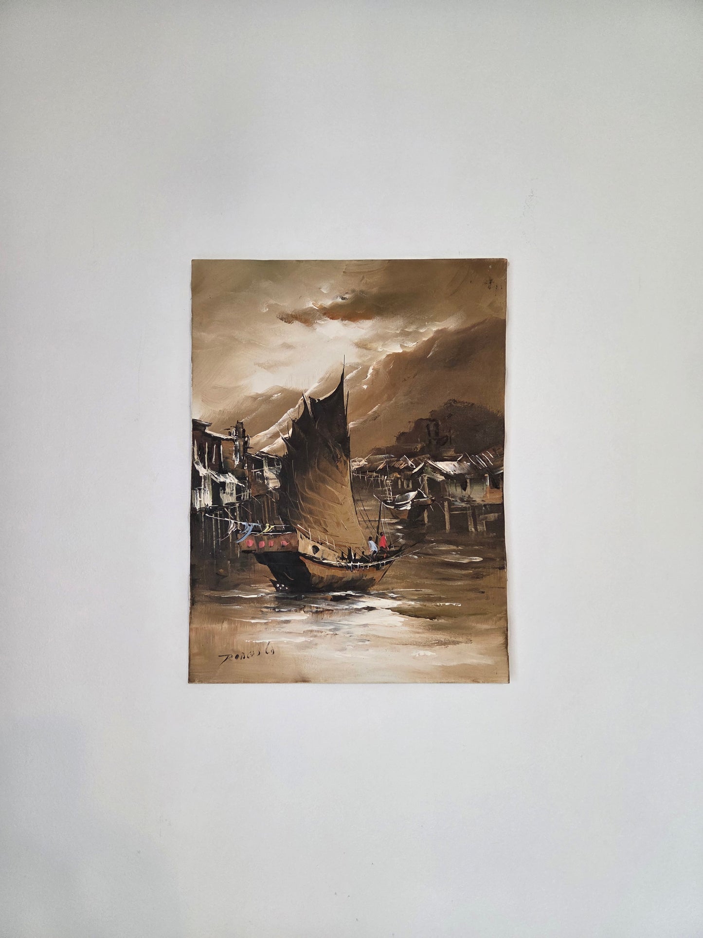 Original Asian Sail Boat Ship Harbor Painting Seascape Canvas Art Maritime Decor