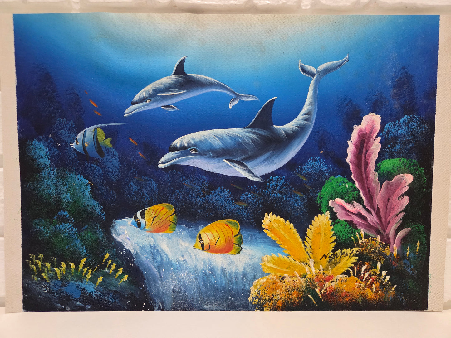 Dolphin Fish Coral Reef Painting Canvas Ocean Sea Marine Life Art Original Signd