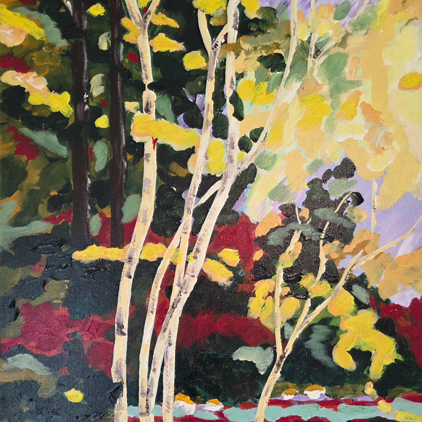 Original Forest Landscape Painting Birch Trees River Nature Acrylic Canvas Art
