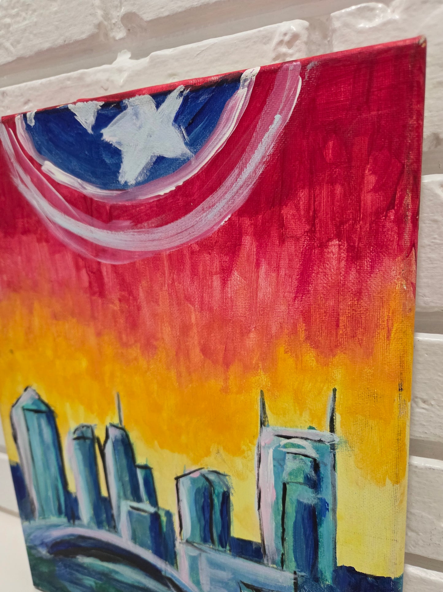 Original Acrylic Painting Canvas Captain America Shield Nashville TN Skyline Art