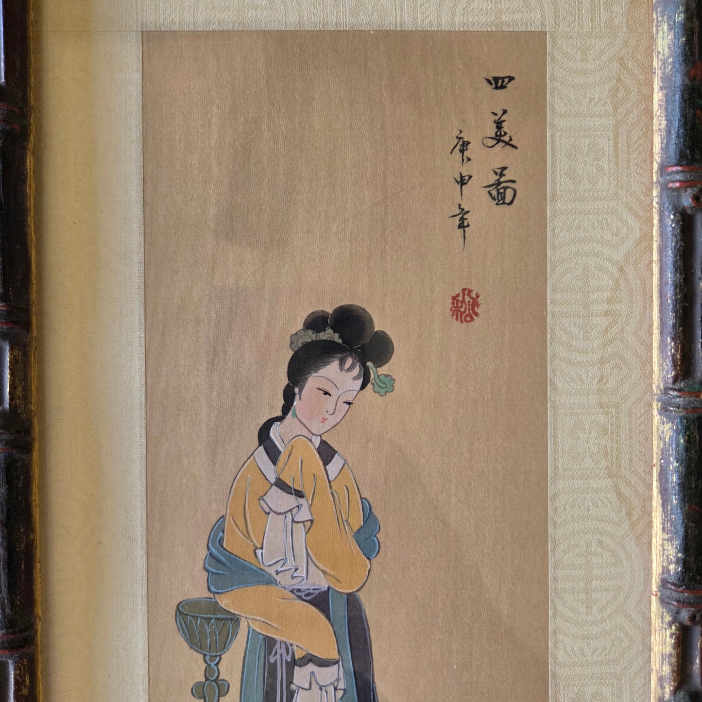 Japanese Art Geisha Girl Color Painting On Silk Signed Original Oriental Tapestry