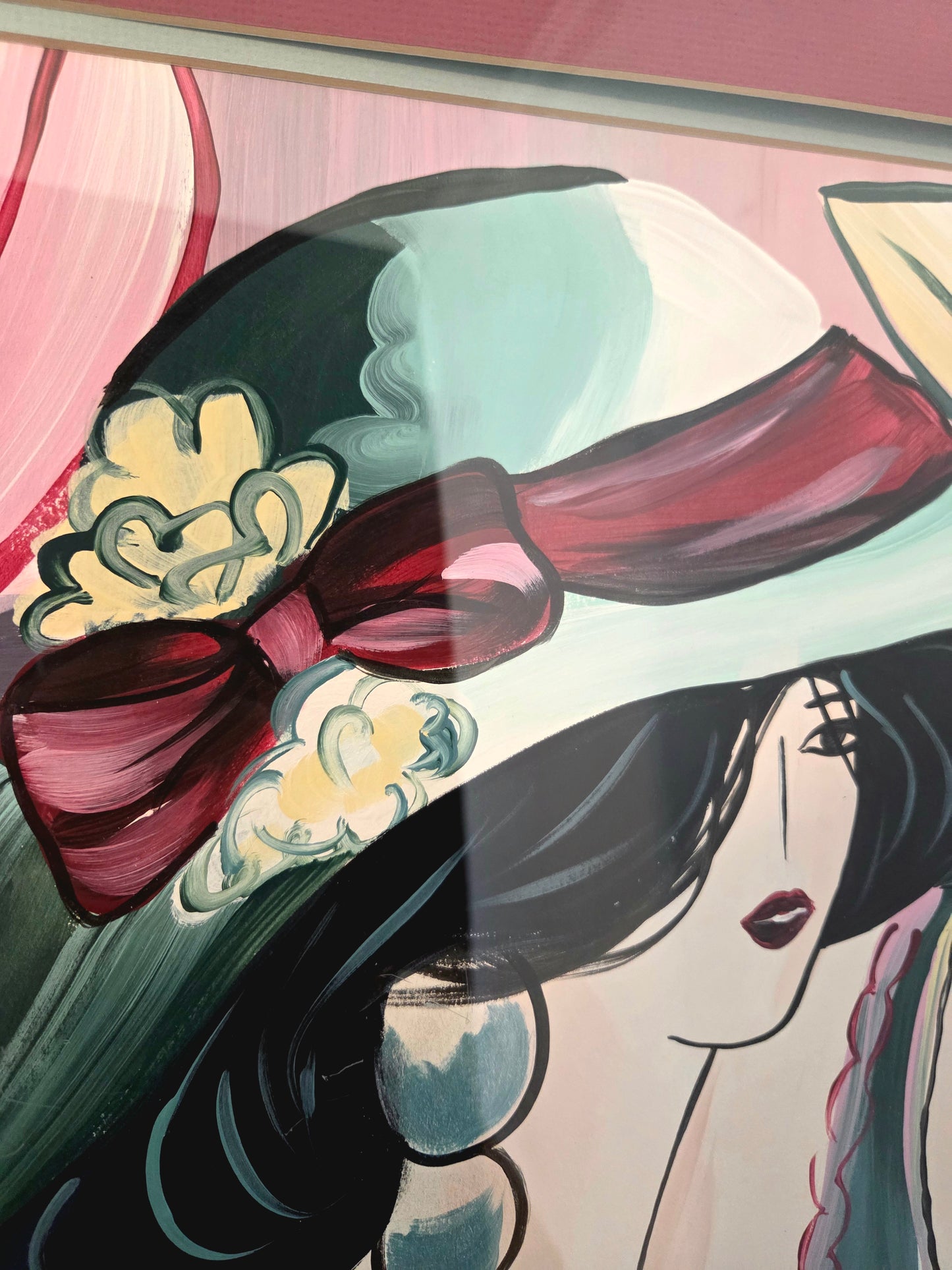 Original Acrylic Painting Elegant Woman in Floral Hat Portrait Fashion Wall Art