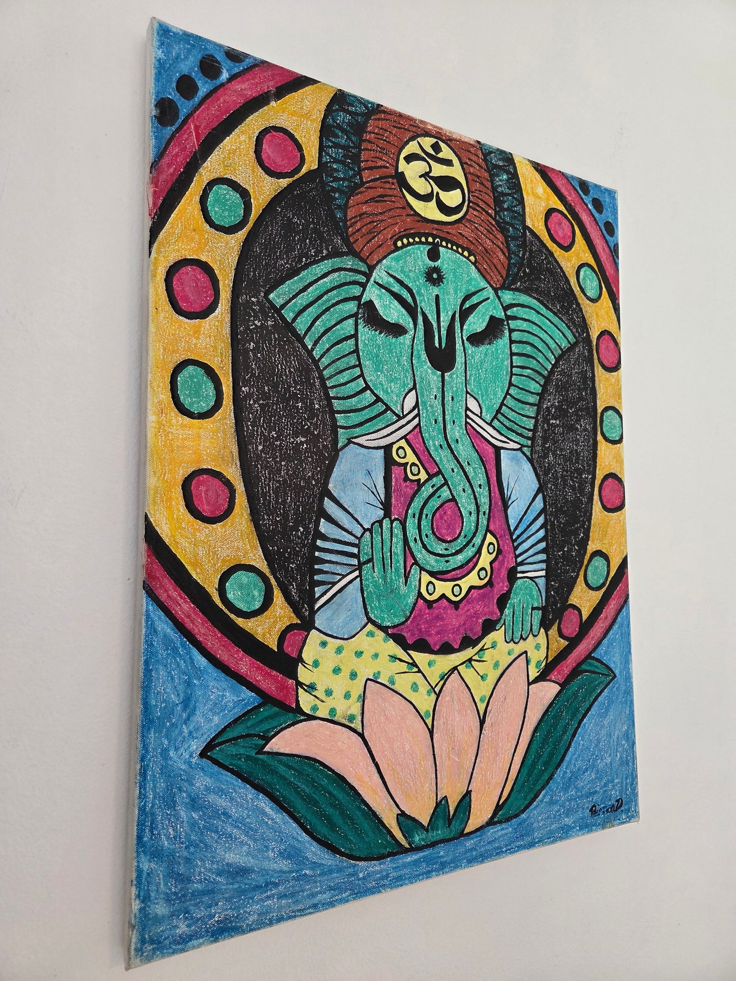 Original Ganesha Painting Hindu Spiritual Elephant God Lotus Meditation Wall Art