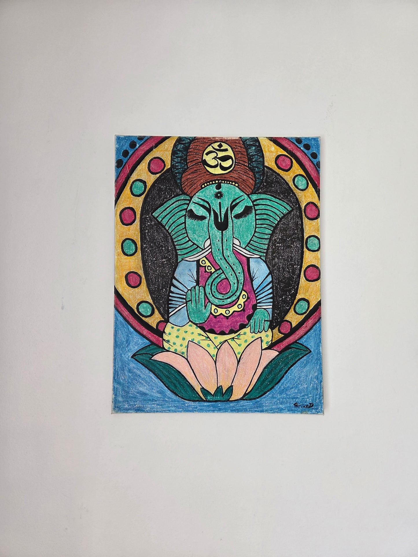 Original Ganesha Painting Hindu Spiritual Elephant God Lotus Meditation Wall Art