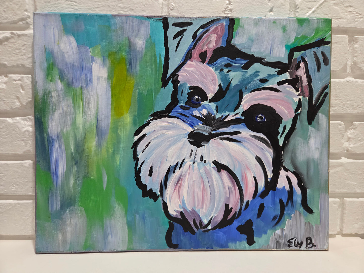 Original Schnauzer Dog Pop Art Painting On Canvas Signed Pet Portrait Home Decor