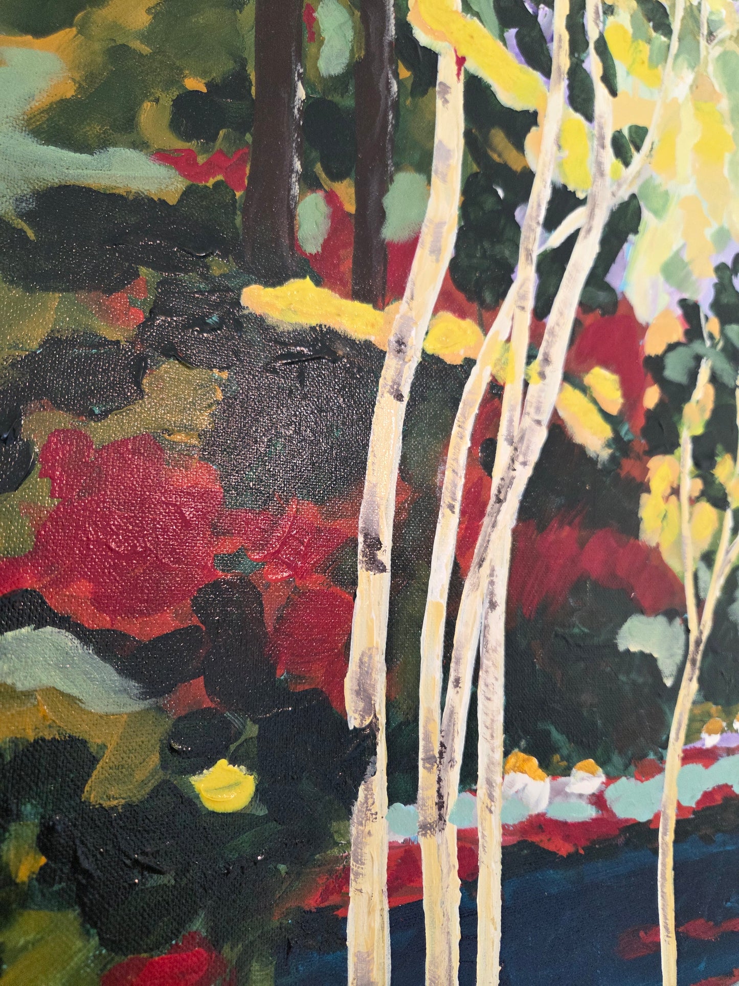 Original Forest Landscape Painting Birch Trees River Nature Acrylic Canvas Art