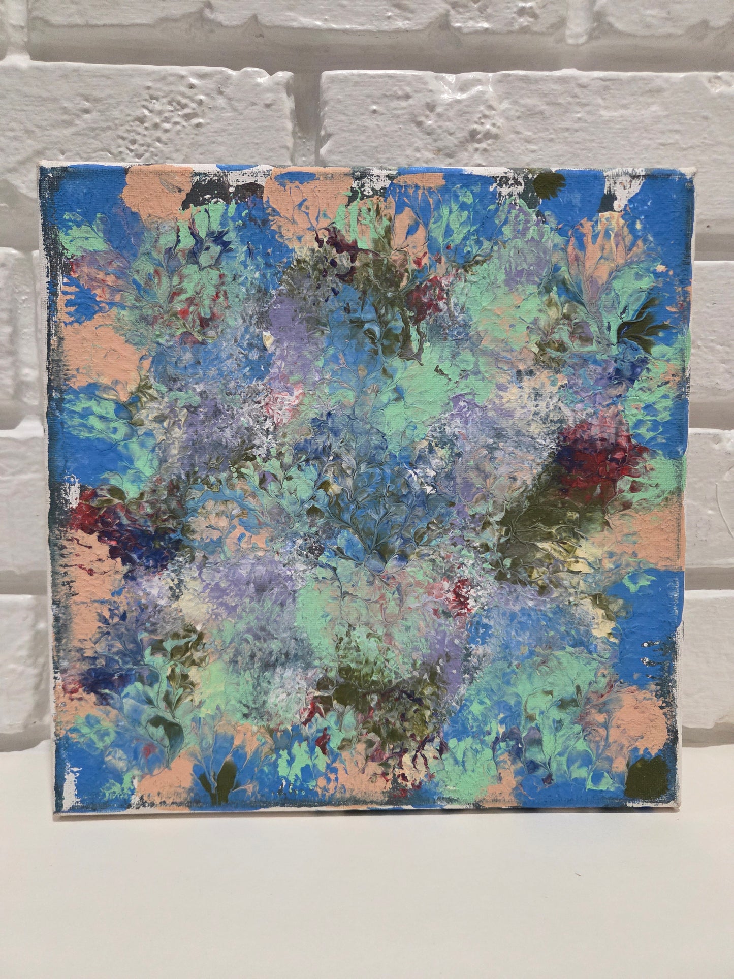 Abstract Blot Floral Art Original Painting On Canvas Signed Blue & Green Artwork