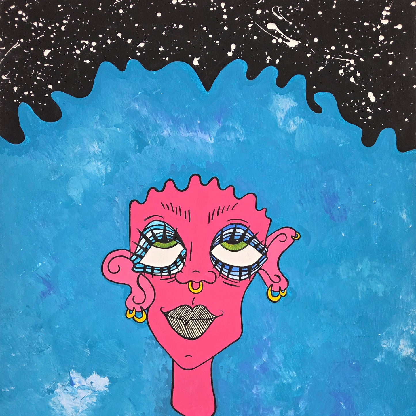 Original Hand-painted Vibrant Pop Art Blue Hair Pink Face girl on canvas Artwork