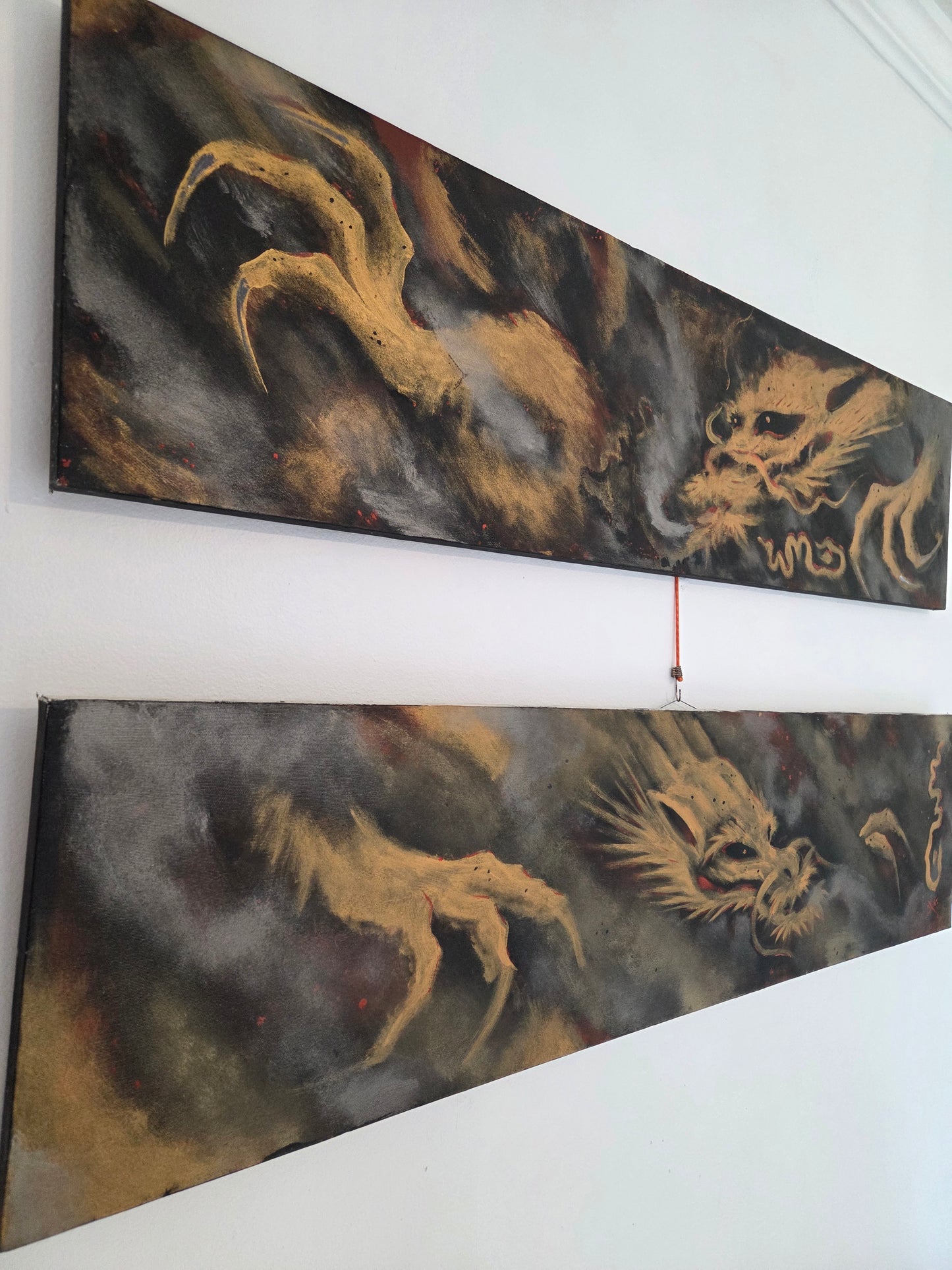 Original Spray Paint Art Gold Dragons Metallic Smoking 2-Piece Set Canvas Signed