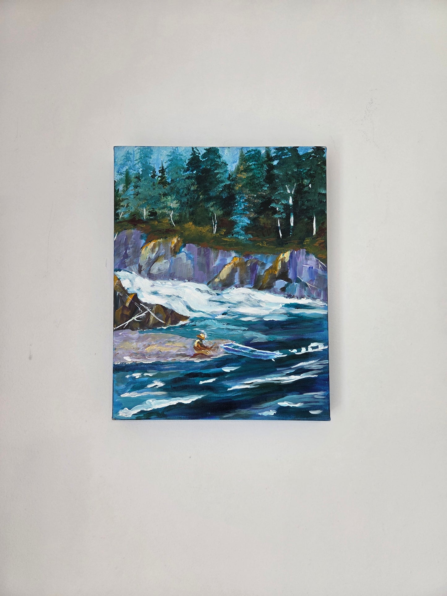 Original River Landscape Painting – Forest Waterfall Kayak Scene – Nature Acrylic Canvas Wall Art