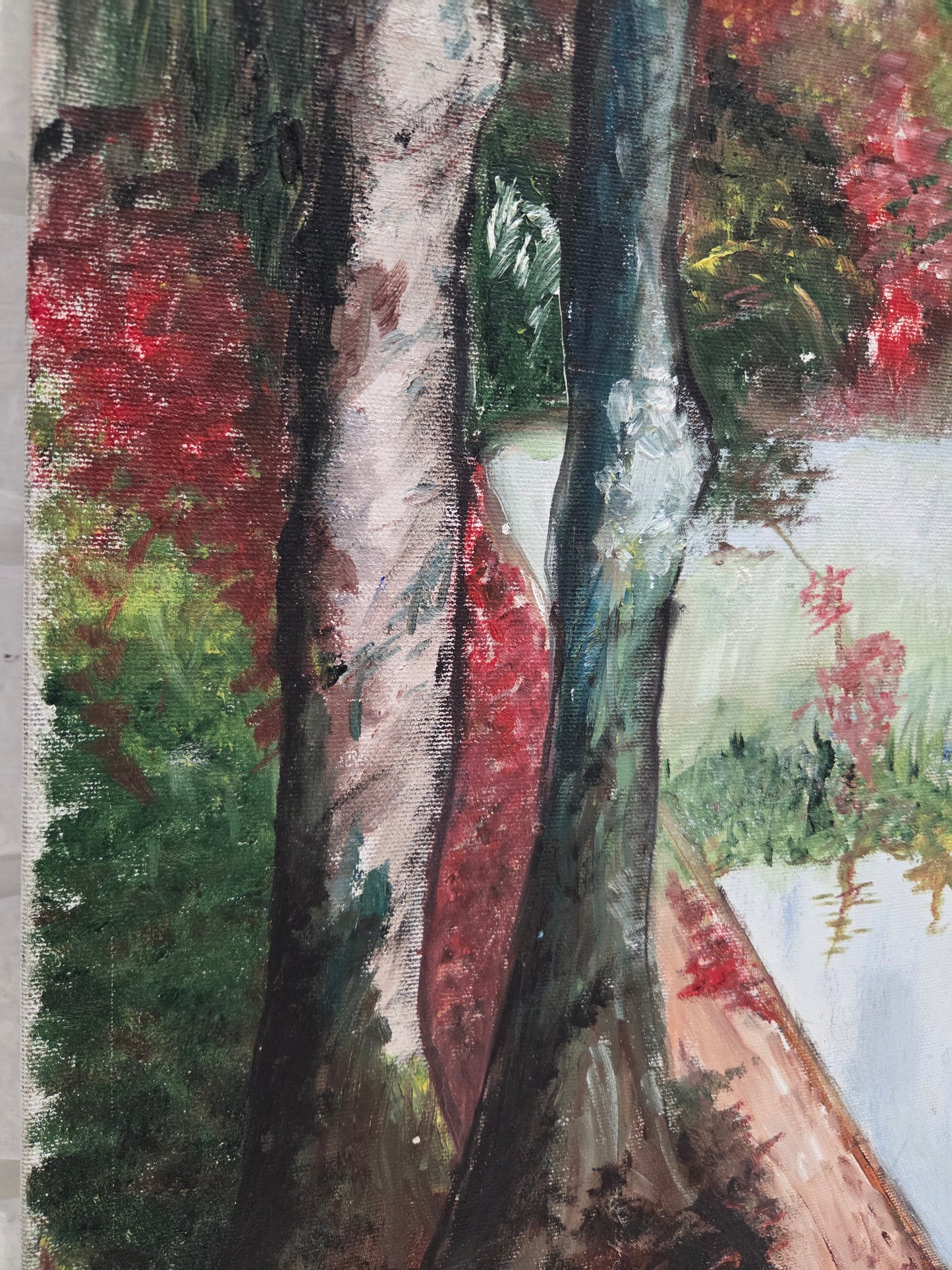 Original Landscape Painting On Canvas Autumn Forest Trees Lake Nature Art Signed