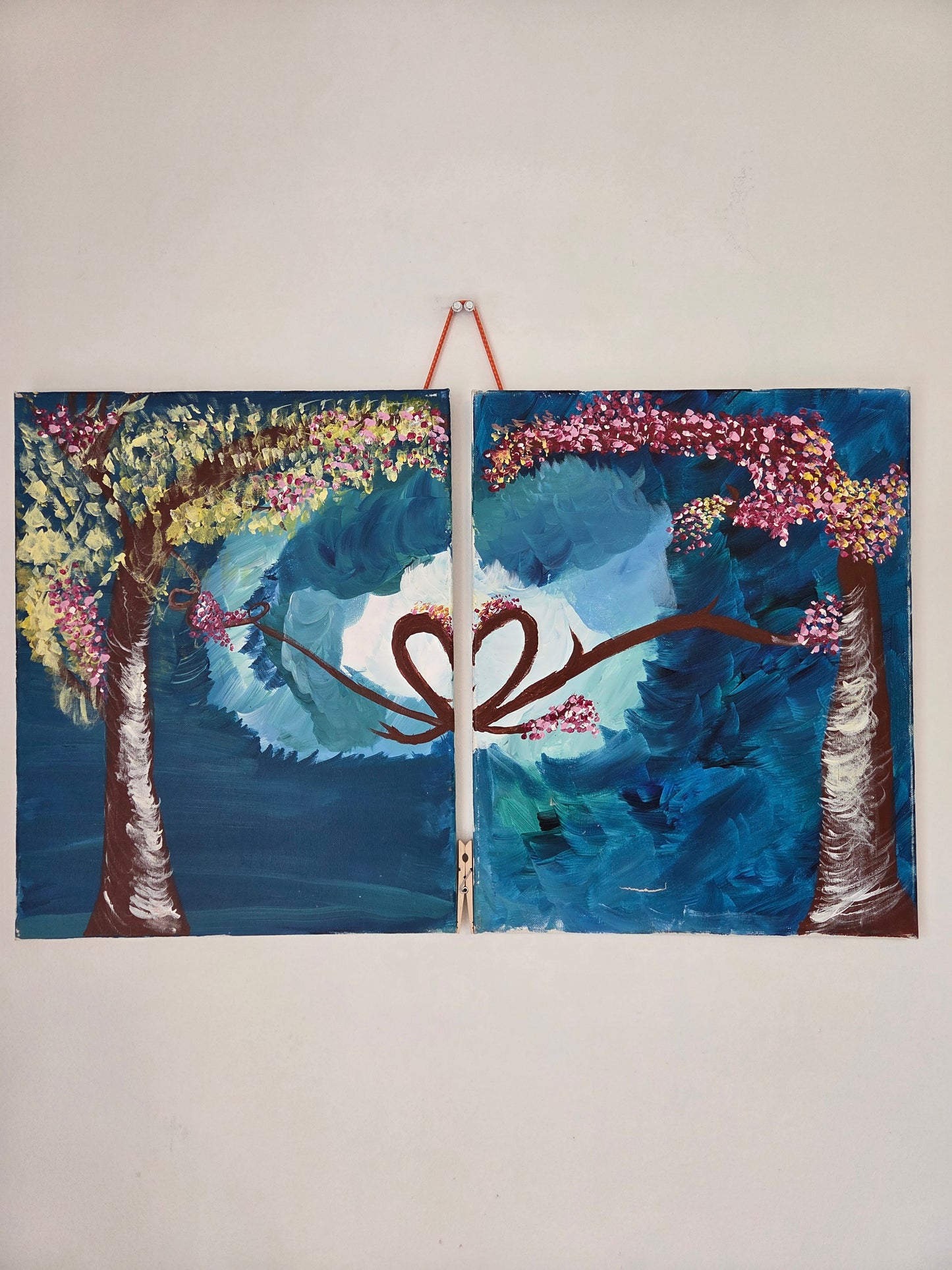 Original Diptych Tree Painting Heart Branches Romantic Cherry Blossom Canvas Art