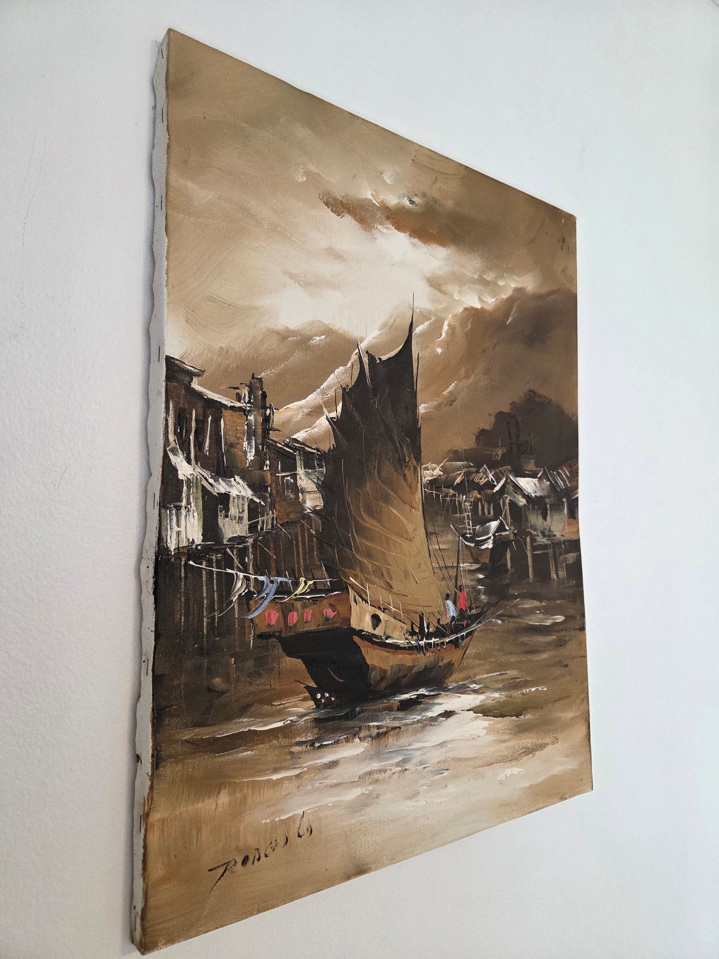 Original Asian Sail Boat Ship Harbor Painting Seascape Canvas Art Maritime Decor